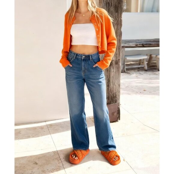 Women's Orange Fuzzy Furry Faux Fur Cross Band Arch Open Slippers Slides Shoes - Picture 2 of 8